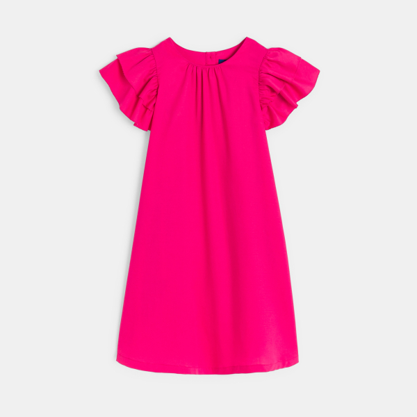 فستان سادة بأكمام قصيرة مكشكشة وردي اللون للفتيات